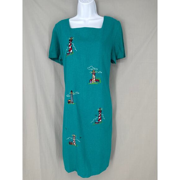 90s Vintage Dress Womens Medium Green Mini Linen Lighthouse Nautical Fisherman - Picture 1 of 7